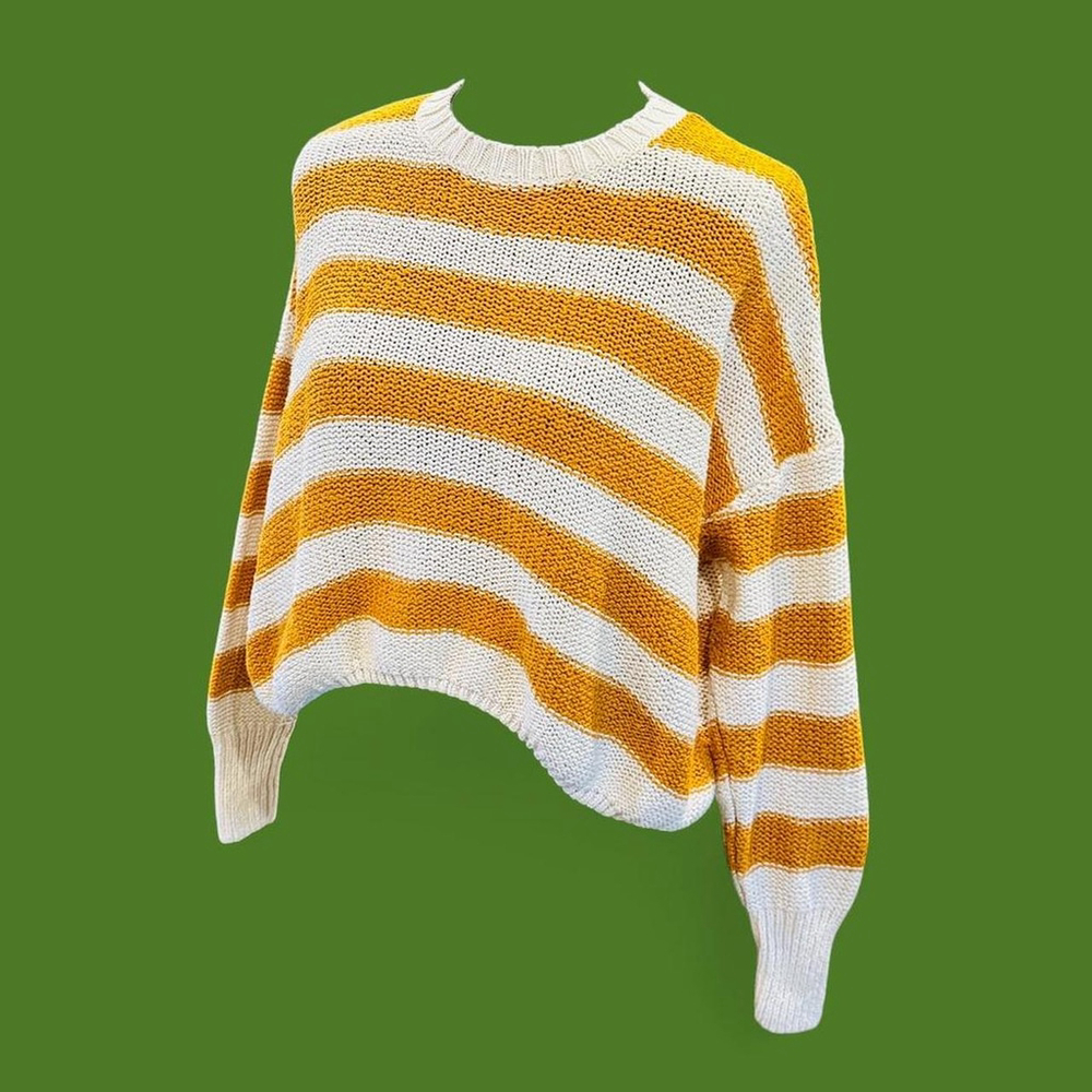 Billabong Striped Cropped Sweater Small Yellow Cream Chunky Knit Beachy - Picture 7 of 12